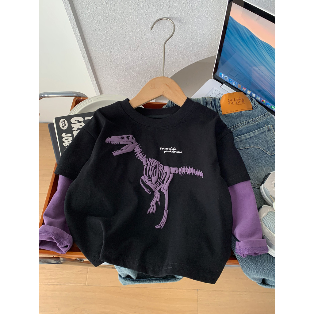Meninos falso de duas peças de manga comprida camiseta 2026 novo estilo crianças primavera outono dinossauro topo camisa