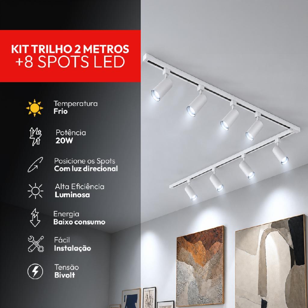 Kit 2m Trilho + 8 Spot Led Direcional Evo 20w 6500k Branco Frio 1400lm Branco Cod: AVANT-KC-00054 Avant