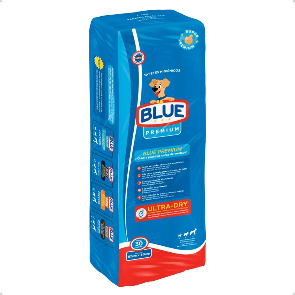 Tapete Higiênico para Cachorro Blue Premium Ultra Dry Alta Absorção Grande 82x60cm 30 Unidades