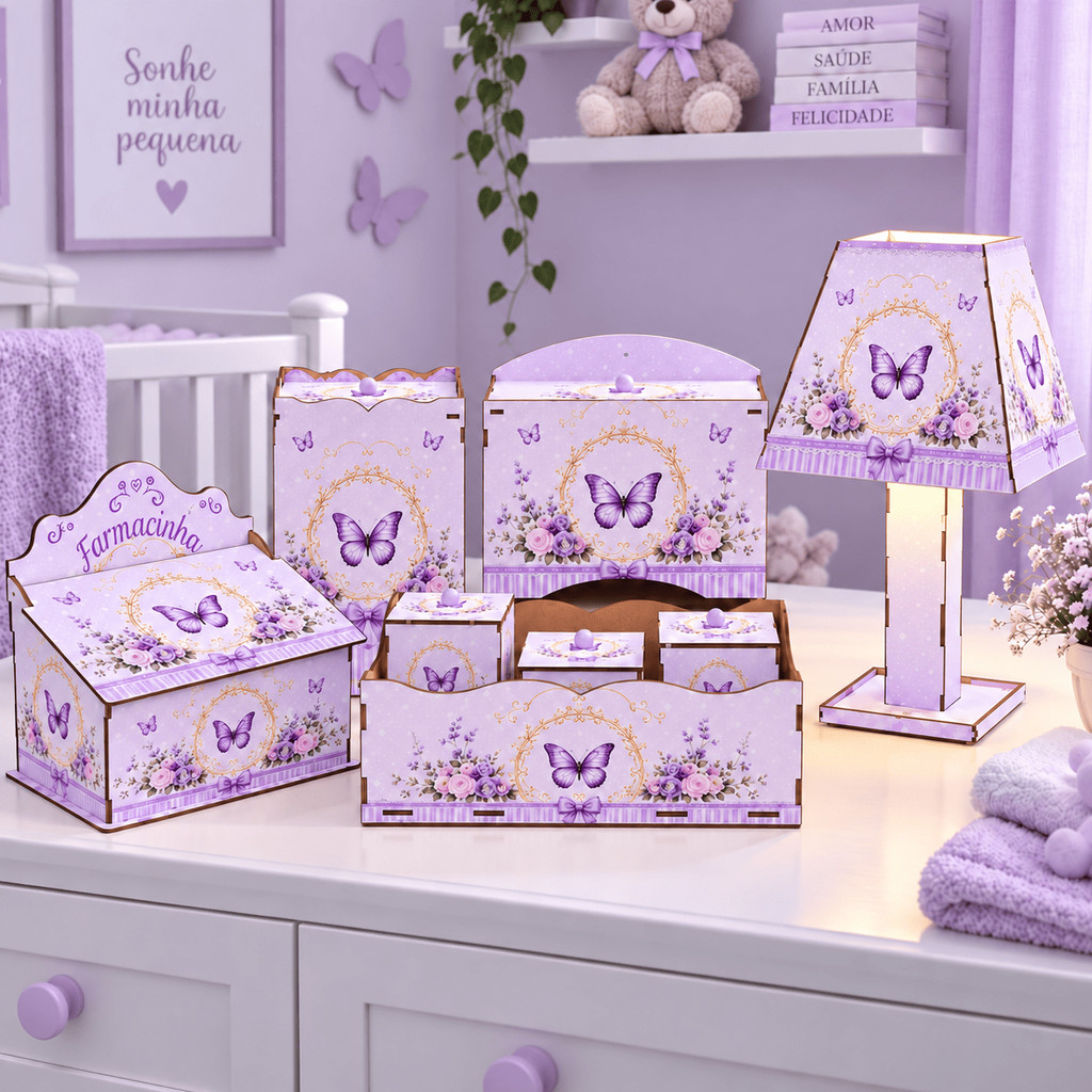 Kit Higiene Bebê Completo 8 Peças Borboleta Lilás MDF Adesivado Luxo Menina