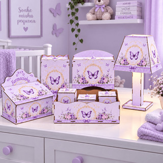 Kit Higiene Bebê Completo 8 Peças Borboleta Lilás MDF Adesivado Luxo Menina