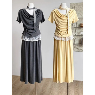 Tamanho Extra grande 150kg gordura mm renda borda Design manga curta gola pilha camiseta feminina saia de cintura alta c