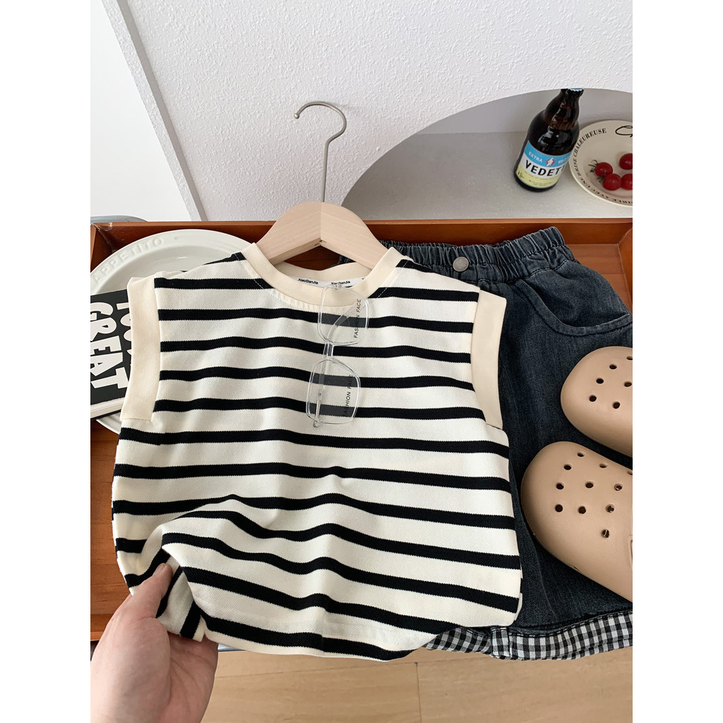 Meninos verão listrado em torno do pescoço sem mangas camiseta crianças novo estilo fino respirável colete bebê verão to