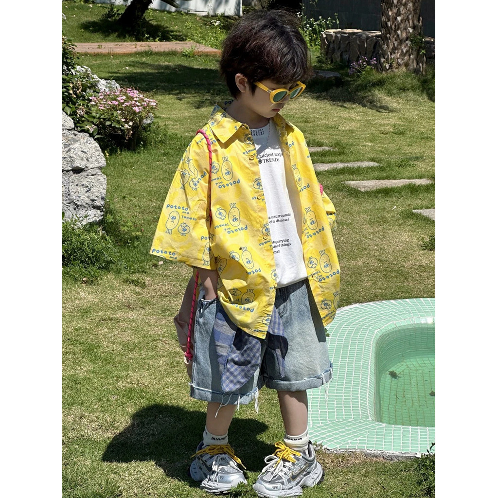 Aparência mãe casa 2026 verão crianças dos desenhos animados impressão completa camisa de manga curta meninos moda camis