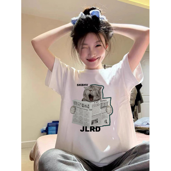 Camiseta Feminina Manga Curta Estampada de Gato Fofa Divertida Confortável Estilosa Moderna para Moda Casual Tendência