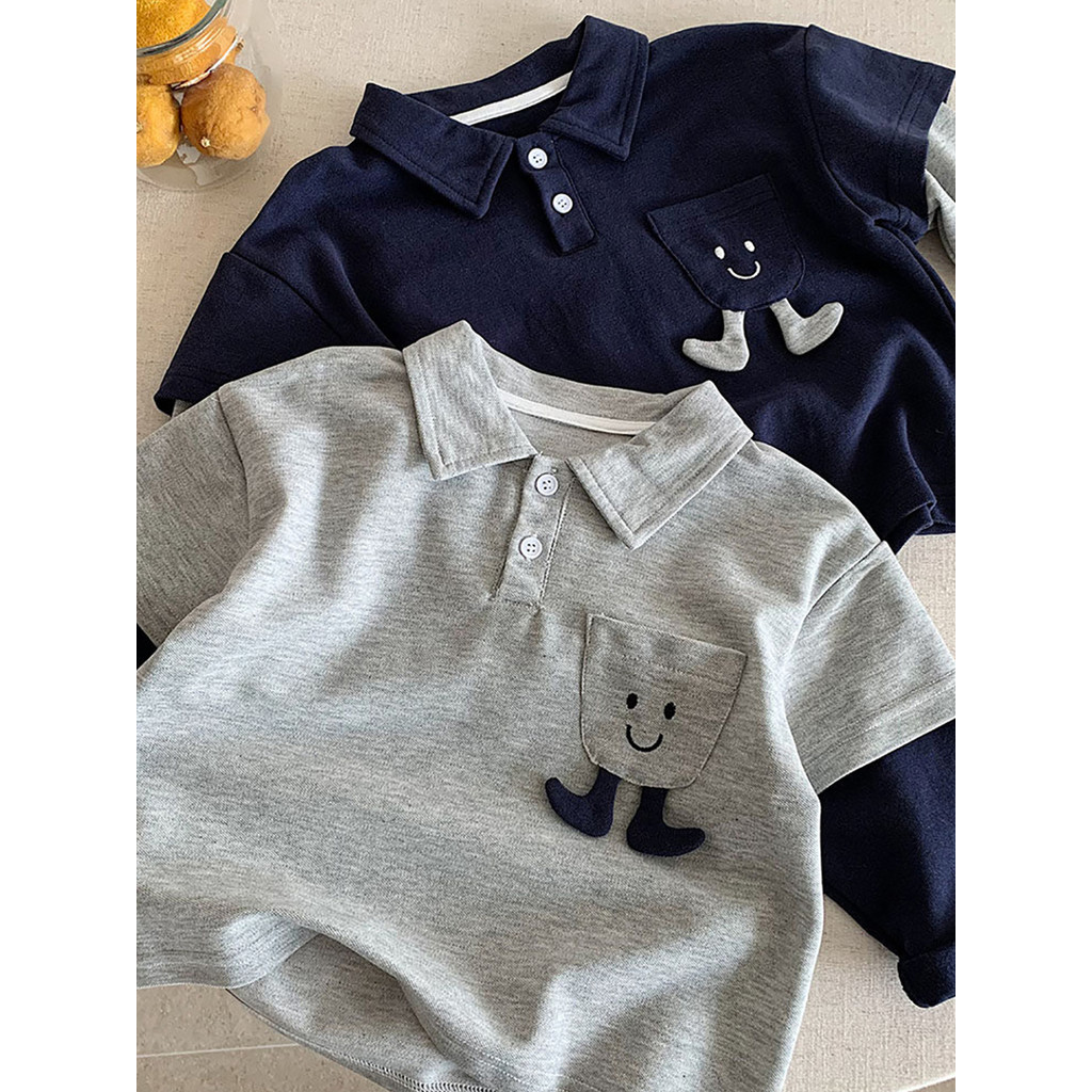 Crianças Casual lapela falso de duas peças de manga comprida camiseta estilo primavera meninos meninas versão coreana do