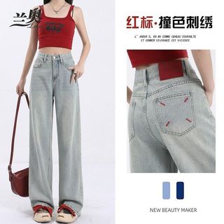 Design bordado Jeans feminino 2025 novo estilo contraste cor etiqueta vermelha cintura alta solta calças retas pequenas 