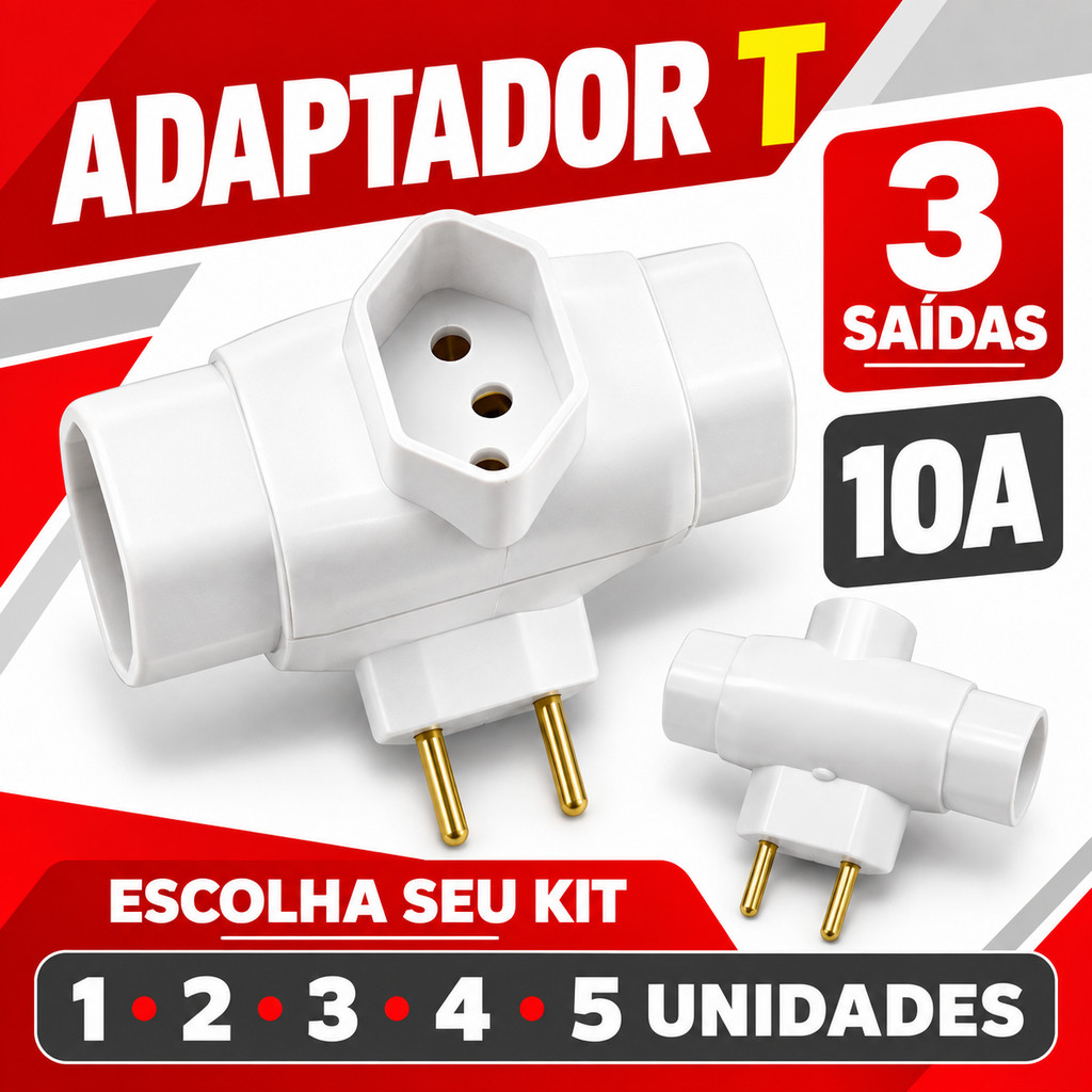 Adaptador Triplo DNA Branco 10A Tomada T Kits de 1 a 5 Unidades