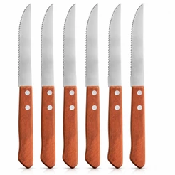 Faca Churrasco Serrilhada Cabo Madeira Aço Inox Kit 6 Unidades Restaurante Carne Pão 21cm