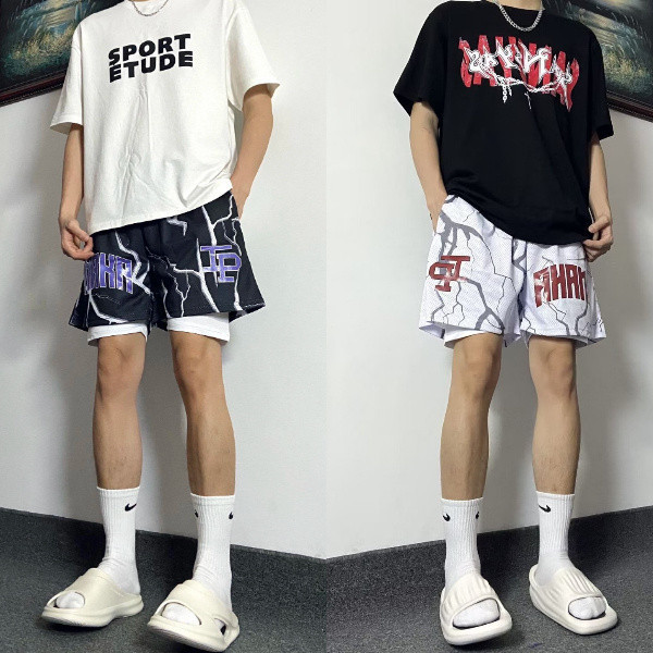 Shorts de basquete americanos com efeito de duas peças, estilo IP Lightning, para homens, comprimento na altura do joelh