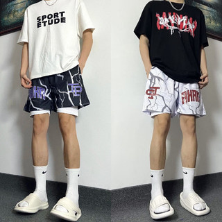 Shorts de basquete americanos com efeito de duas peças, estilo IP Lightning, para homens, comprimento na altura do joelh