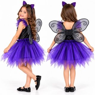 Fantasia Morcega Infantil Vestido Com Asa e Tiara Halloween Dia das Bruxas Festa Menina Roxo