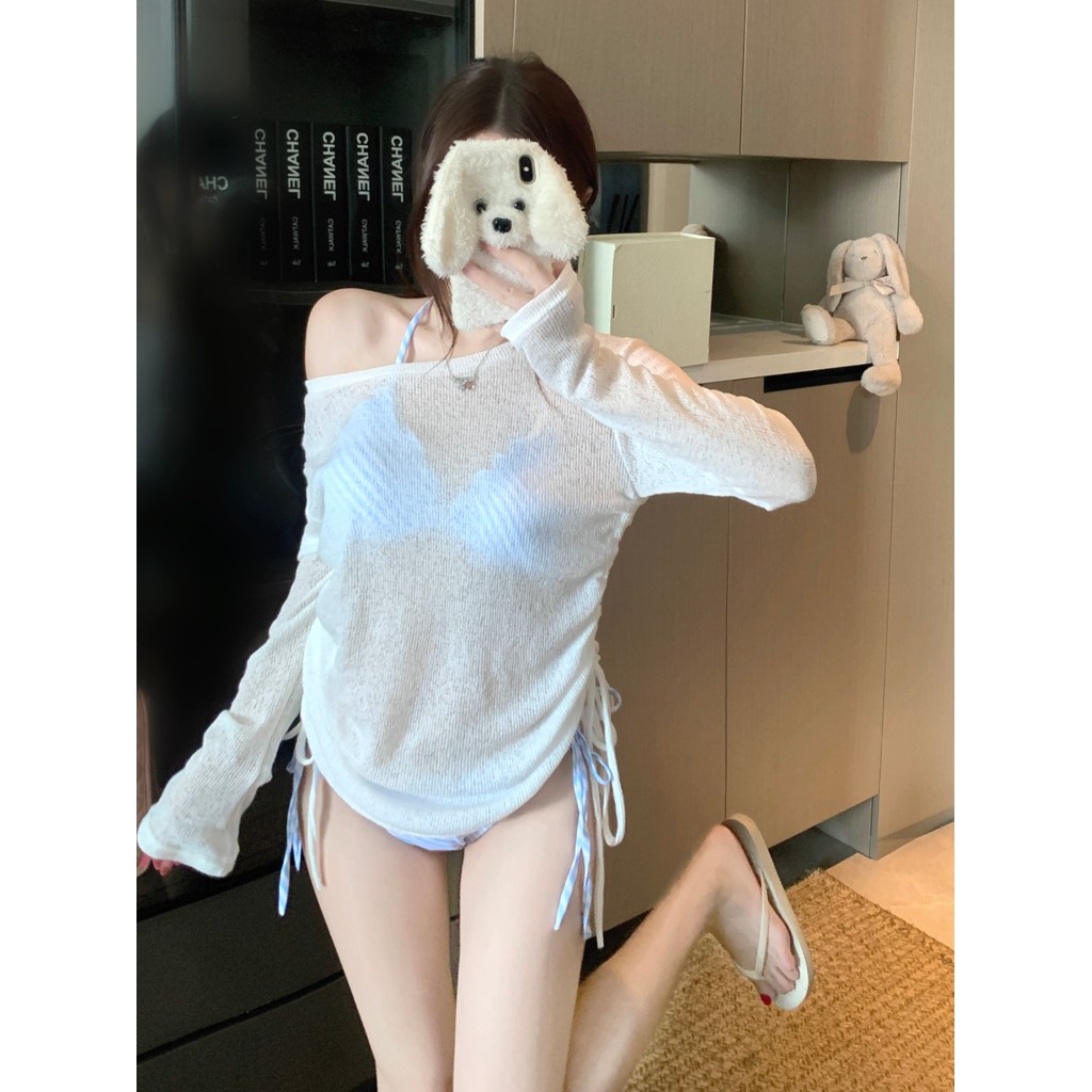 Estilo preguiçoso branco plissado de manga comprida Halter volta protetor solar blusa feminina listrado seios pequenos r