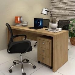 Conjunto 2 Peças com Escrivaninha Mesa Escritório ME4185 e Gaveteiro ME4108 3 Gavetas 180cm Amendoa Marrom Amêndoa
