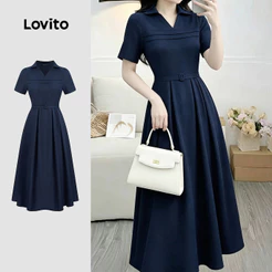 Lovito Vestido Verde Casual de Primavera/verão com Pregas para Mulheres LK7ED605