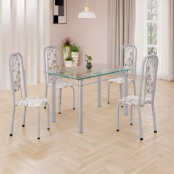 Conjunto de Mesa Retangular a 120x75cm Tampo de Vidro 4 Cadeiras Lavínea Branco/Arabesco/Mart Pérola