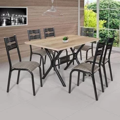 Conjunto de Mesa com 6 Cadeiras Luna Bege/Craqueado Preto/Junco Manteiga Craqueado Preto/Junco Manteiga