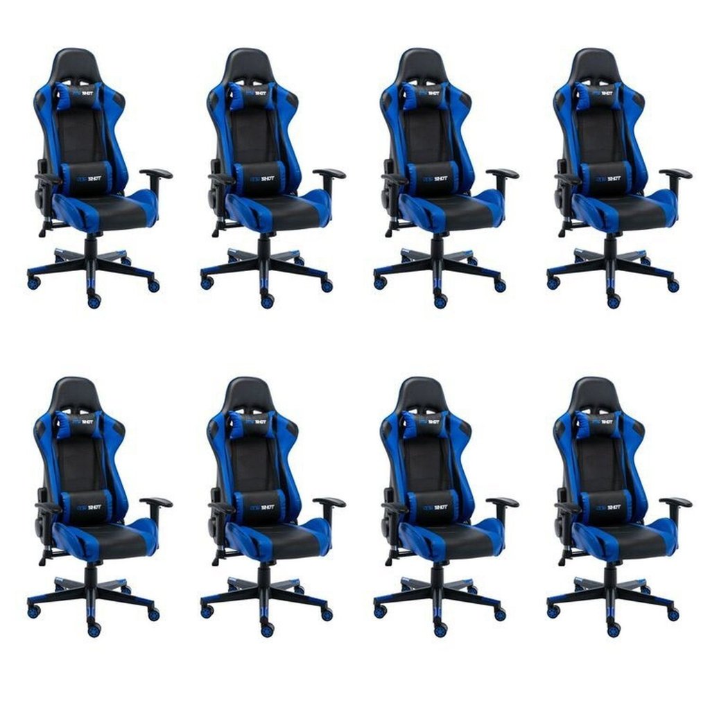 Kit 8 Cadeiras Gamer Giratória em Couro One Shot Preto/Azul