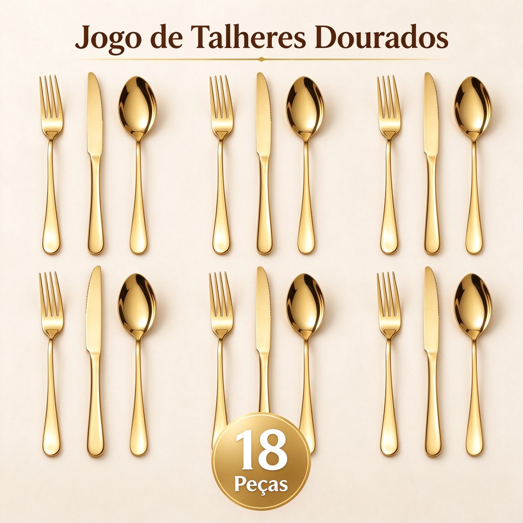 18 Peças Talheres Ouro De Aço Inox Garfo Colher Faca Colher De Mesa