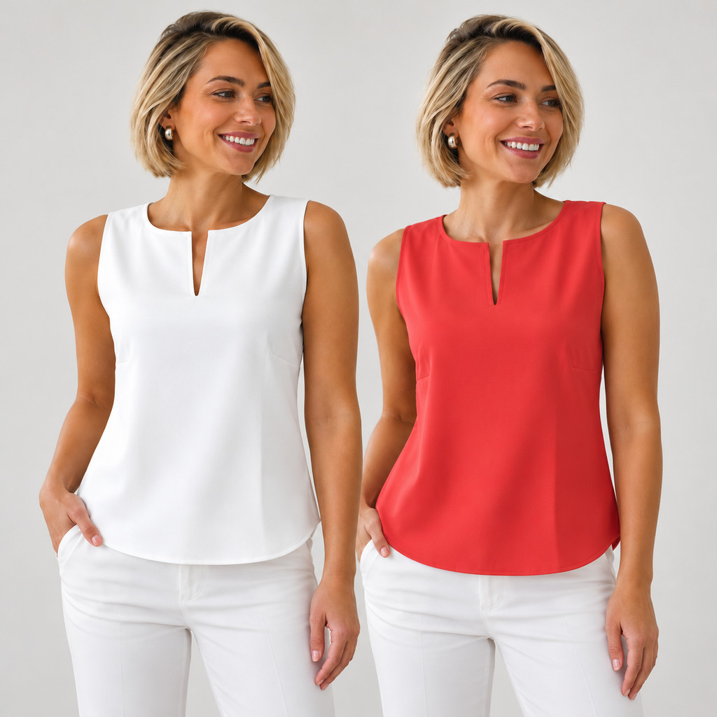 Kit 2 Blusa Feminina Regata Viscose Decote Vazado Gola Redonda Social Elegante Casual