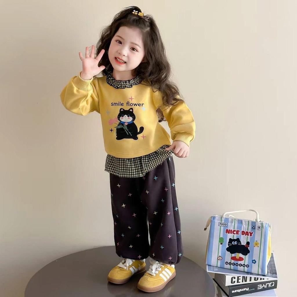 Outono terno dos desenhos animados primavera outono bebê outono roupas meninas crianças moletom renda terno de duas peça