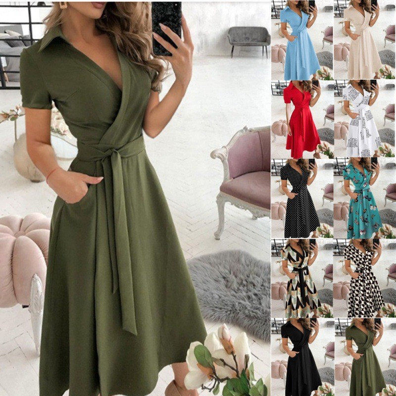 Vestido feminino estampado com decote em V e manga curta