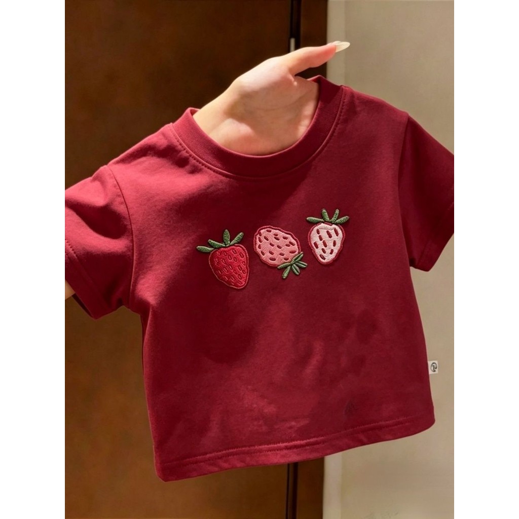 Crianças verão novo estilo imitação bordado impresso bonito morango dos desenhos animados de manga curta camiseta menino