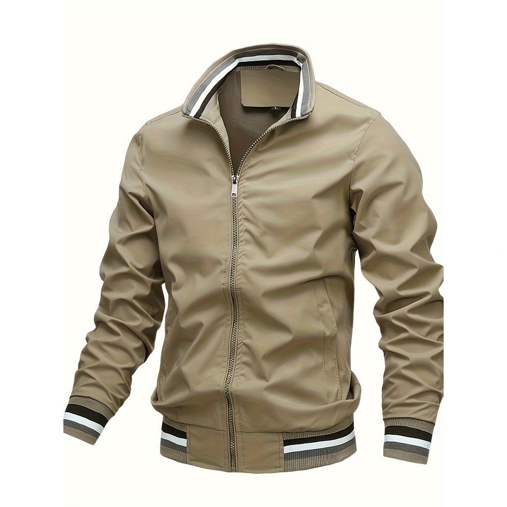 Jaqueta Masculina Casual Formal com Gola Alta - Bomber Leve de Cor Sólida 100% Poliéster Cardigã com Zíper