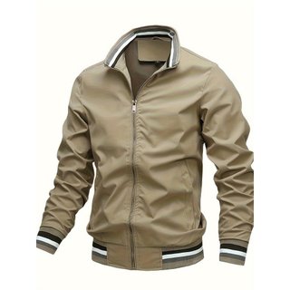 Jaqueta Masculina Casual Formal com Gola Alta - Bomber Leve de Cor Sólida 100% Poliéster Cardigã com Zíper
