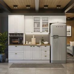 Cozinha Compacta Modulada 100% MDF 4 Peças com Torre Quente e Balcão com Tampo Branca/Nature Emily Branco HP/Nature