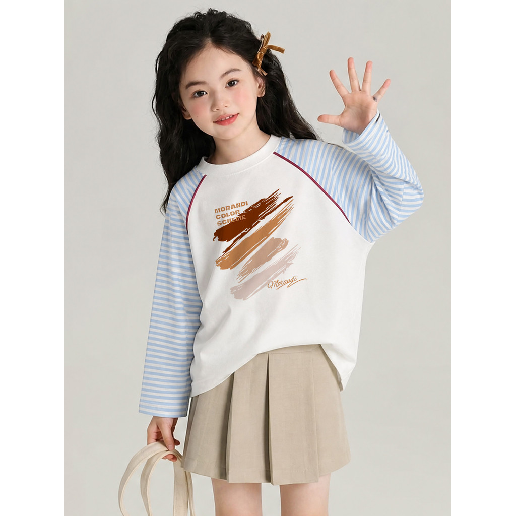 Crianças contraste cor listrado costura manga comprida camiseta de fundo primavera outono novo estilo roupas para menina