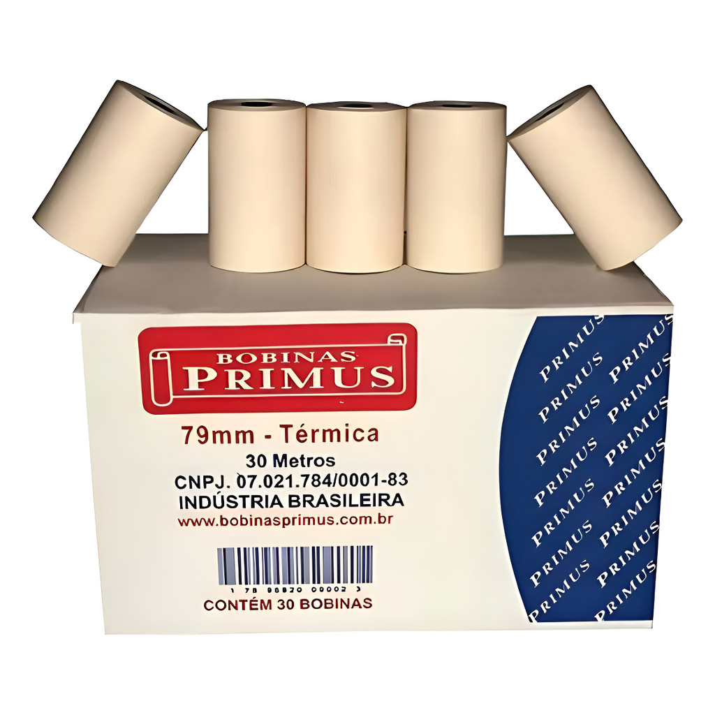 Caixa 30 Bobinas Térmica 79mm X 30 Metros Primus P/ Cupom Branco