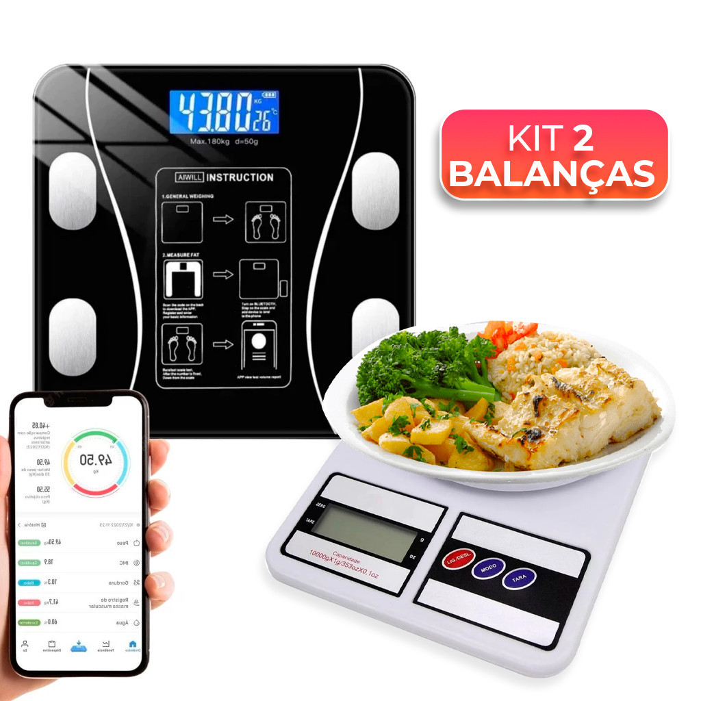 Kit 2 Balanças Digital Cozinha 10kg Bioimpedância Corporal 140kg App Saúde IMC Gordura Massa Muscular Dieta Precisão