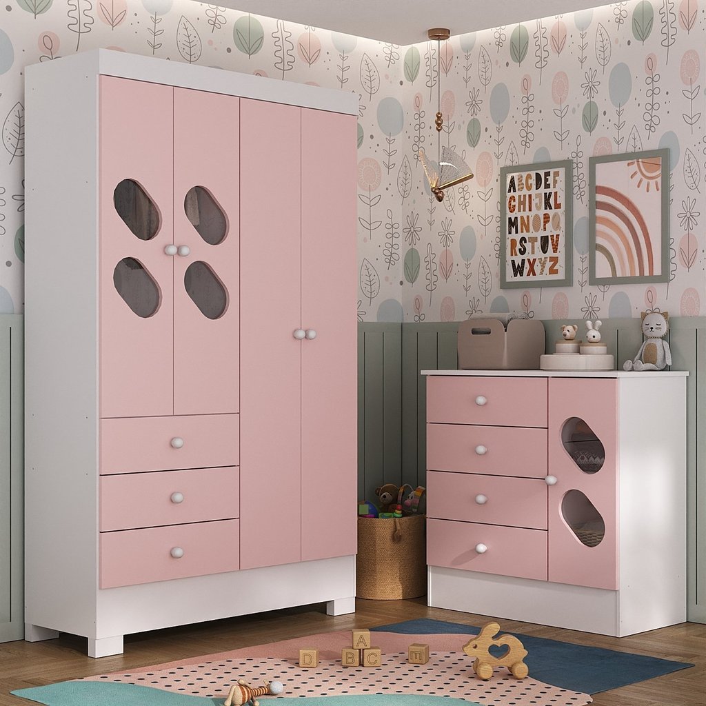 Quarto Infantil Completo Guarda Roupa 4 Portas 3 Gavetas com Cômoda Stella Espresso Móveis Branco/Rosa em Oferta na Shopee