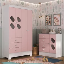 Quarto Infantil Completo Guarda Roupa 4 Portas 3 Gavetas com Cômoda Stella Espresso Móveis Rosa/Branco Branco/Rosa