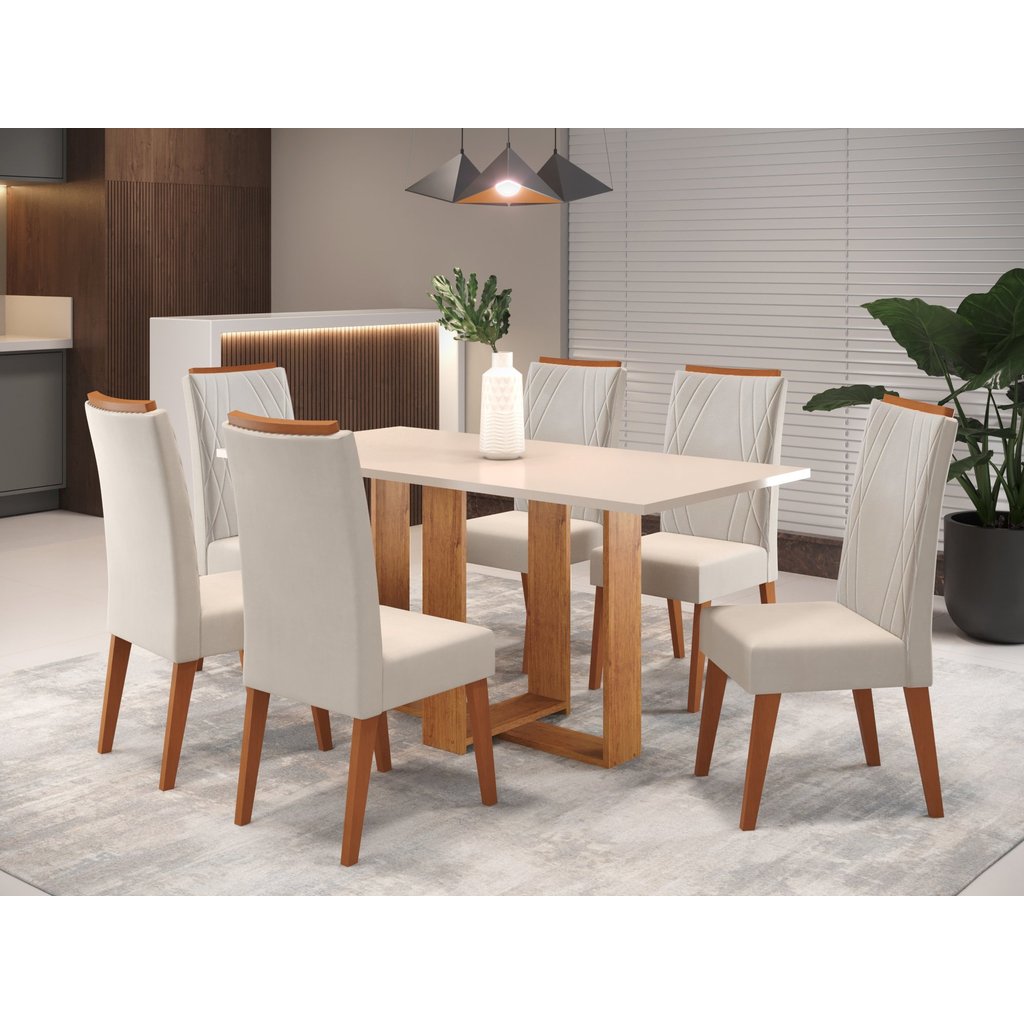 Mesa de Jantar Retangular Kavic com 6 Cadeiras Madeira Maciça Vegas  Marfim/Mel em Oferta na Shopee