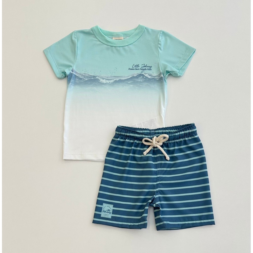 Conjunto Infantil Menino Johnny Fox Camiseta Degradê Verde Água E Bermuda Listrada Verão