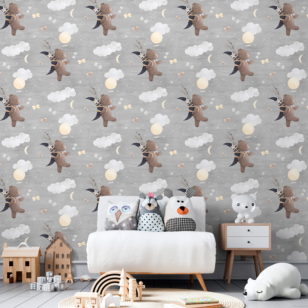 Papel de Parede Infantil Aquarela Ursinho e Nuvens | Quarto de Bebê Auto Adesivo Decorativo Cinza com Estrelas e Lua