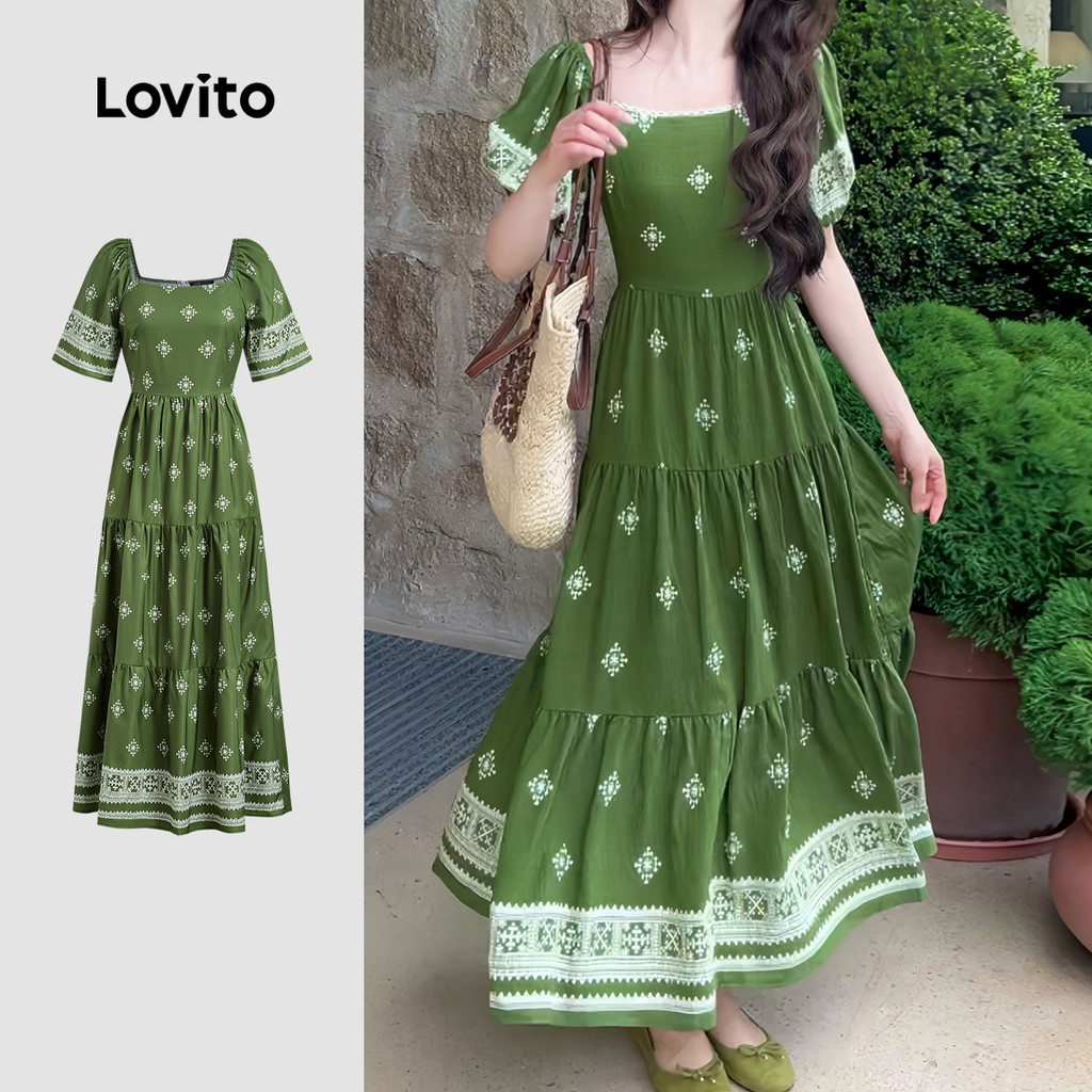 Lovito Vestido Boho Primavera/verão Vestido Verde para mulheres L154ED464