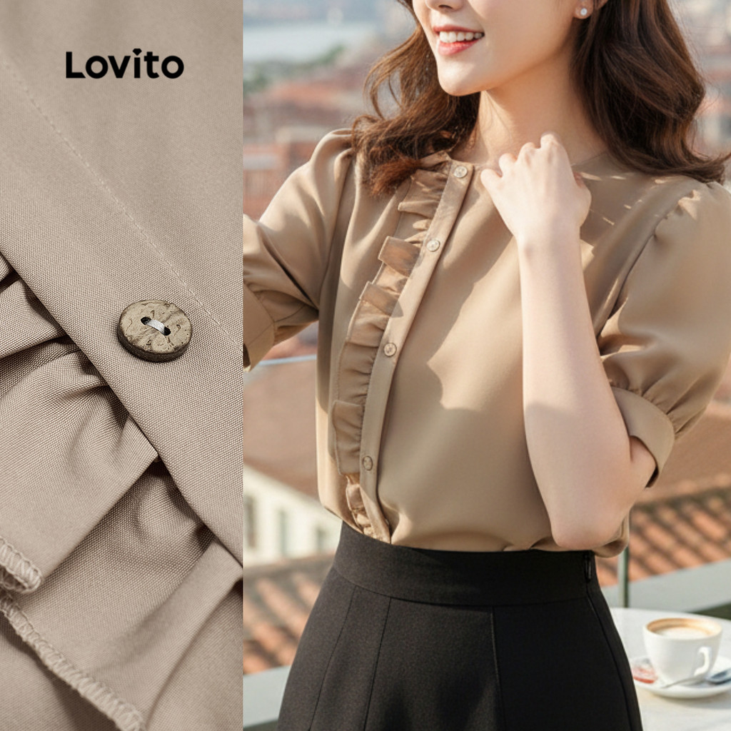 Lovito Blusa Casual com Acabamento em Alface de Primavera/verão Cor Cáqui para mulheres L154ED195 em Oferta na Shopee