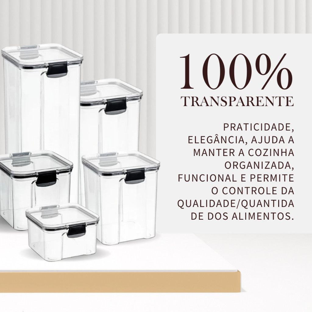 Kit 5 Potes Herméticos Organizador Empilhavel Mantimentos Com Lacre Vedação