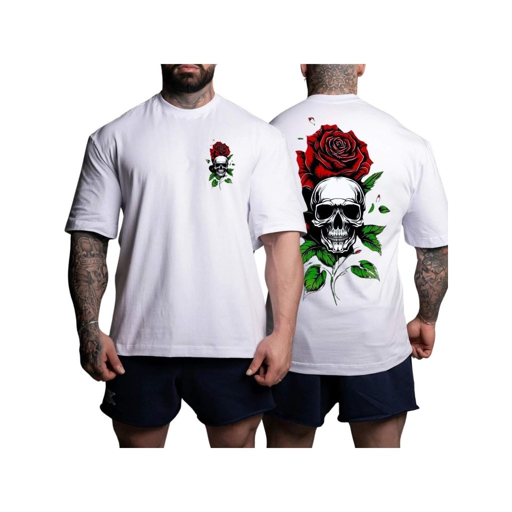 Camiseta Oversized estampada Branca Academia Confortável Algodão Modelo: "Caveira e Rosa"