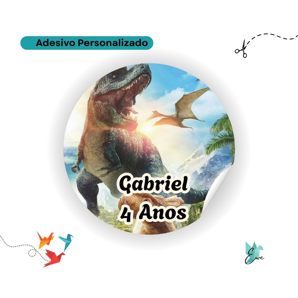 Kit 100 Adesivos Personalizados Dinossauros 4x4cm | Rótulo para Lembrancinhas de Festa Infantil