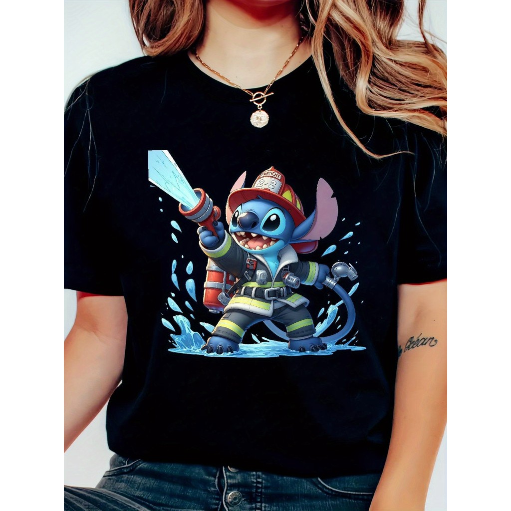 BR.Moonlight Camiseta Feminina Stitch Bombeiro Hidrante Vermelho Respingos Água Azul Estampada Confortável Divertida