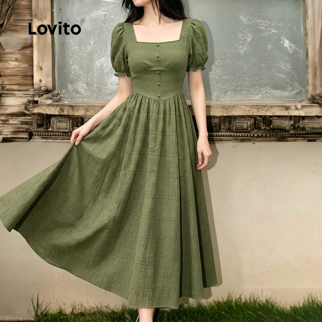 Lovito Vestido Casual de Botão Jacquard Verde para Mulheres primavera/verão LK7LD194 · foto 2