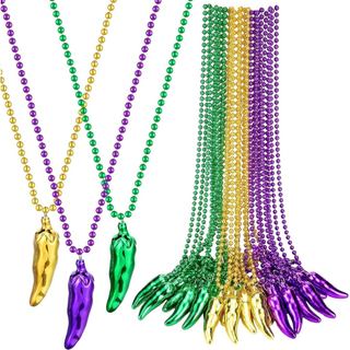 XunYee 24 Pcs Mardi Gras Bead Necklaces Yellow Green and Purple Chili Pepper Bead Necklaces Throws Bulk Chili Pendant Pa