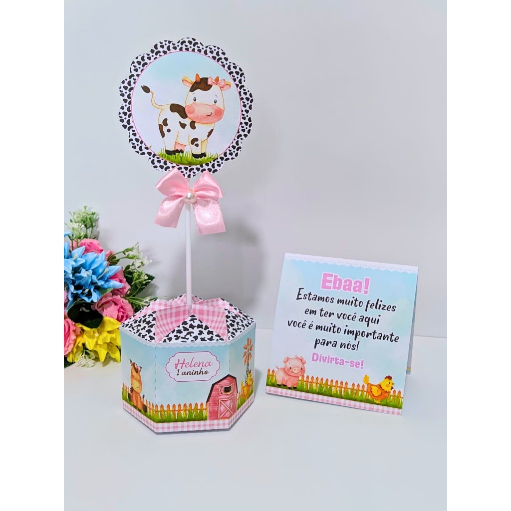 Centro de mesa Fazendinha Rosa Plaquinha  Arranjo de mesa  | Lembrancinha | Festa Infantil