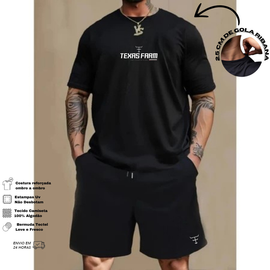 Conjunto Kit Camiseta 100% algodão E Bermuda Tectel Estampado Camisa Masculina Premium Camiseta Shorts texa$