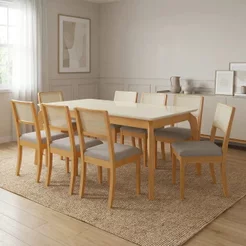 Conjunto Mesa de Jantar em Madeira Maciça com Vidro e 8 Cadeiras Estofadas com Telinha em Linho Petr Cinza