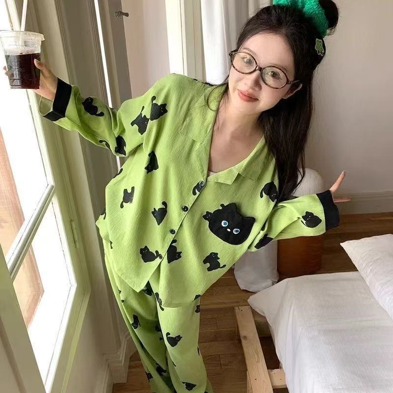 Conjunto De Pijama Feminino Nuvem Algodão Lapela Manga Comprida Calças Estilo Coreano